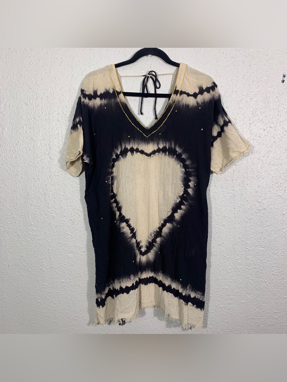Natural Life 100% Cotton Heart Kaftan w/Metallic Accents Black & Cream 1 size